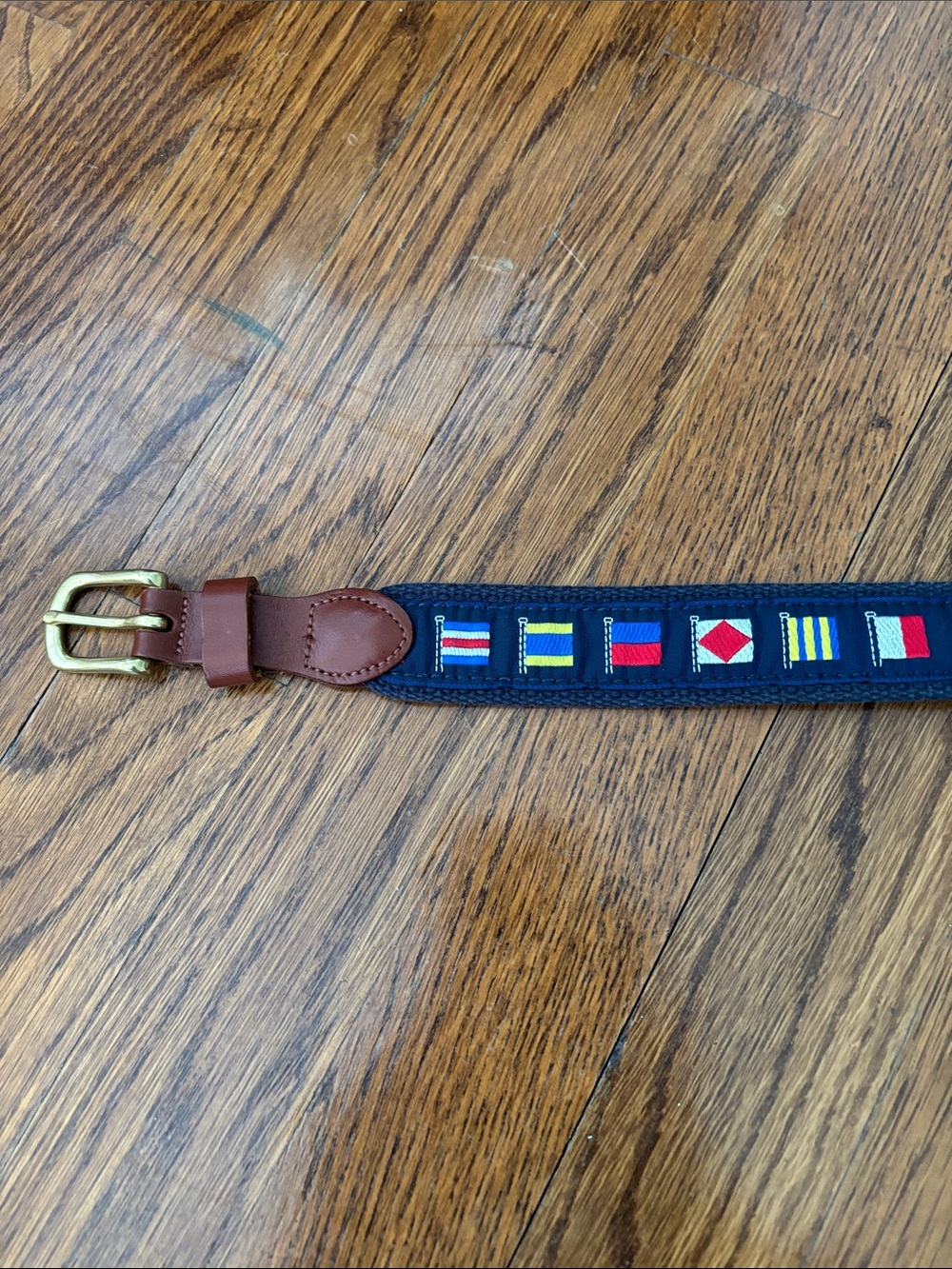 Navy Kids Nautical Flag Belt with Brown Leather Trim — size 28